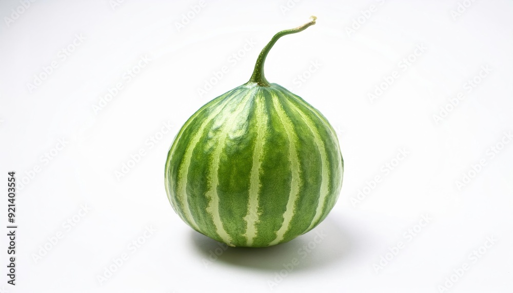 Striped Green Gourd: A single, vibrant green gourd with striking pale green stripes, captured in a close-up studio shot. Its unique texture and shape are beautifully highlighted. Striped Green Gourd: A single, vibrant green gourd with striking pale green stripes, captured in a close-up studio shot. Its unique texture and shape are beautifully highlighted.