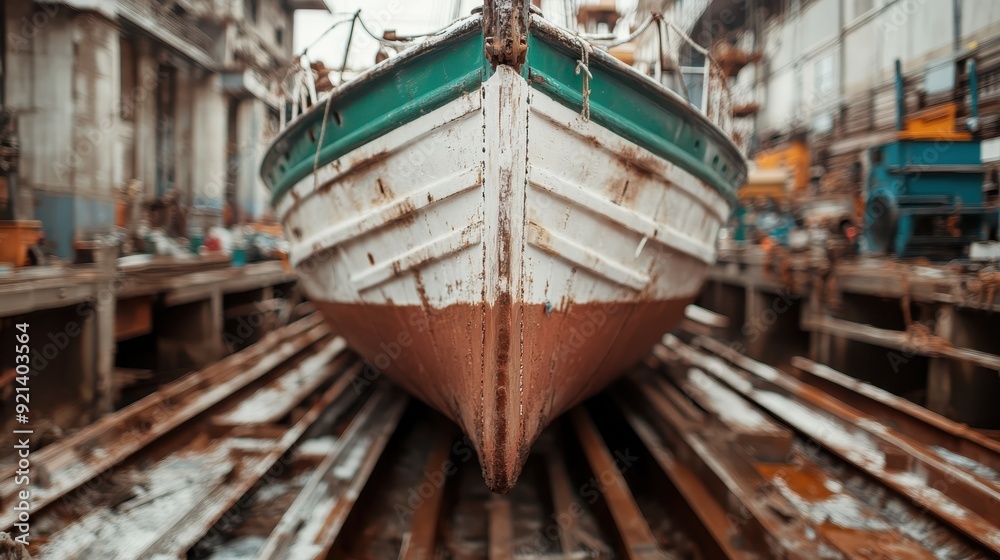 A view of a ship undergoing maintenance in an industrial dry dock with its hull partially rusted and surrounded by maintenance equipment, showcasing maritime engineering work. A view of a ship undergoing maintenance in an industrial dry dock with its hull partially rusted and surrounded by maintenance equipment, showcasing maritime engineering work.