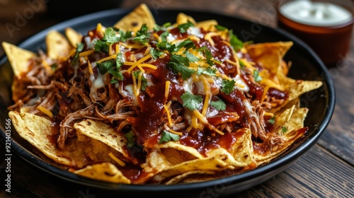 Nachos made at home with pulled pork, cheese, and barbecue sauce