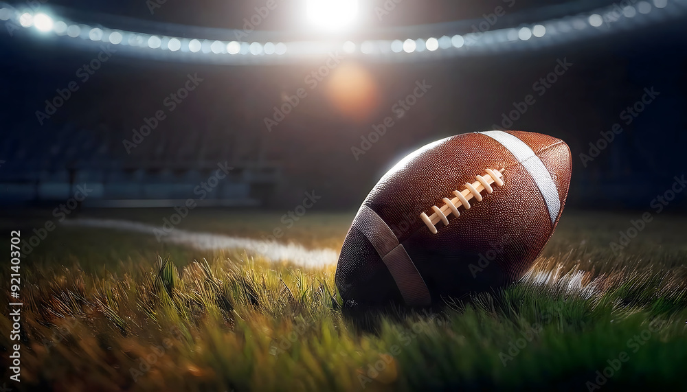 American football ball on grass, stadium, sport, sports banner. American football ball on grass, stadium, sport, sports banner.