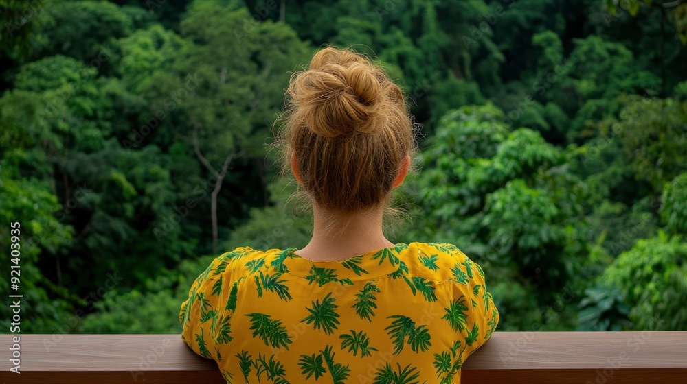 Fototapeta premium Woman Gazes At Jungle From Thailand Temple, Nature’S Splendor