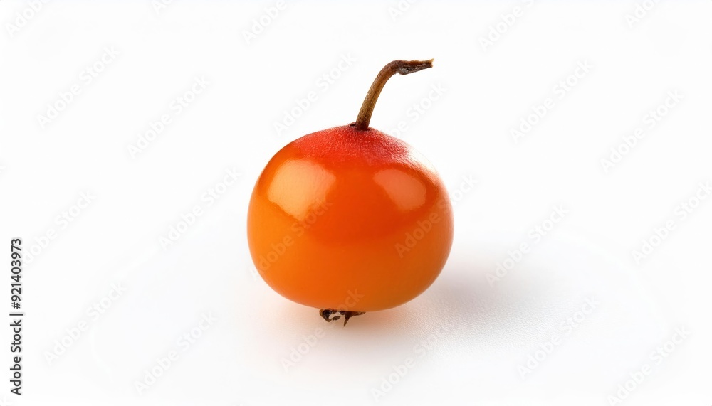 Obraz premium Cranberry Perfection: A single, vibrant cranberry, glistening with juicy freshness, sits on a pristine surface. Its rich, reddish-orange hue and delicate stem capture the essence of autumnal bounty. 