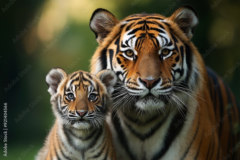 Obraz premium A tiger cub stands close to an adult tiger in a natural outdoor habitat, showcasing the protective bond between them.