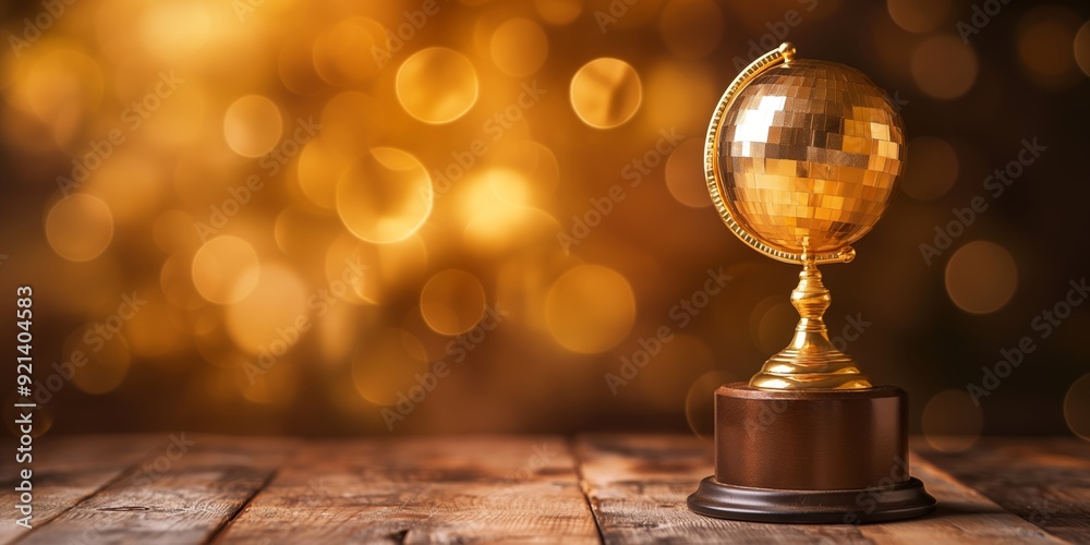 A gold-colored globe trophy stands on a wooden table with shimmering bokeh lights in the background, exuding elegance and achievement. A gold-colored globe trophy stands on a wooden table with shimmering bokeh lights in the background, exuding elegance and achievement.