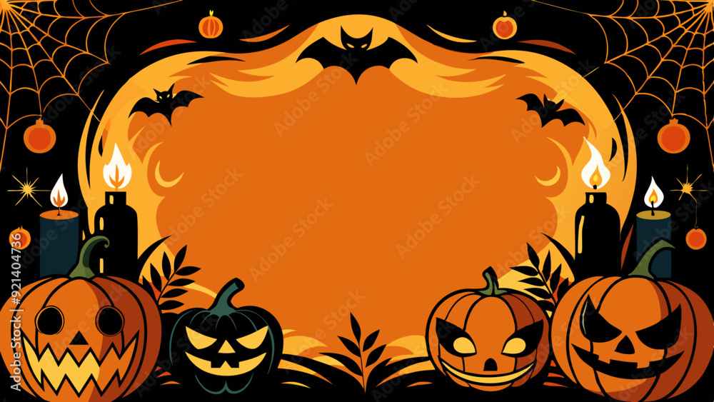 Halloween Background with Jack-o'-Lanterns, Bats, and Candles, Orange and Black Design with Copy Space Halloween Background with Jack-o'-Lanterns, Bats, and Candles, Orange and Black Design with Copy Space