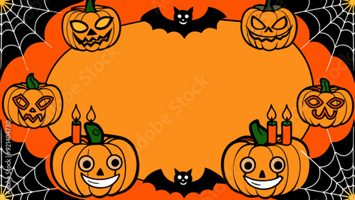 Halloween Background with Jack-o'-Lanterns and Bats, Simple Cartoon Style with Copy Space