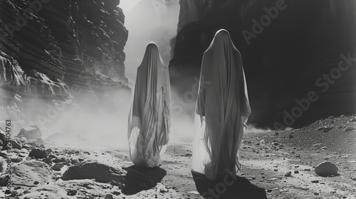 Halloween Vintage black-and-white photo of ghosts draped in white sheets, standing on dirt in a canyon. Creepy and eerie, with the look of old film photography.