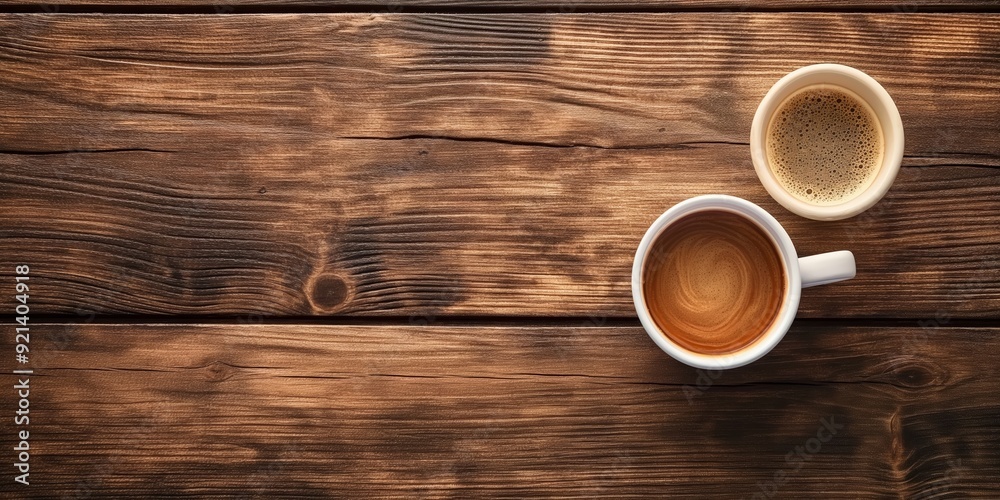 Two hot coffee cups placed atop a richly grained wooden surface, radiates warmth perfect for cozy settings or coffee themes. Two hot coffee cups placed atop a richly grained wooden surface, radiates warmth perfect for cozy settings or coffee themes.