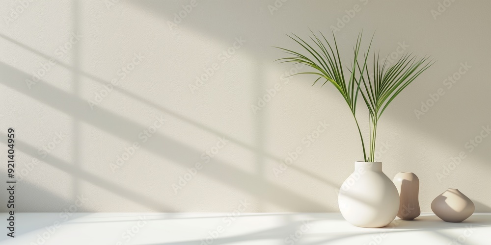 Minimalist decor featuring a simple white vase with palm fronds, set against a light wall with shadow patterns. Minimalist decor featuring a simple white vase with palm fronds, set against a light wall with shadow patterns.