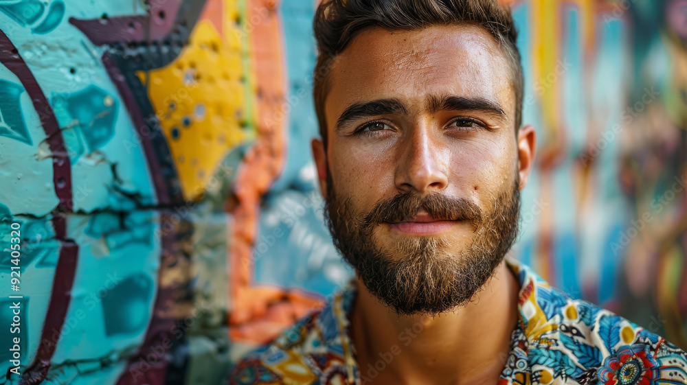 Young bearded man standing in front of a colorful graffiti wall. Young bearded man standing in front of a colorful graffiti wall.