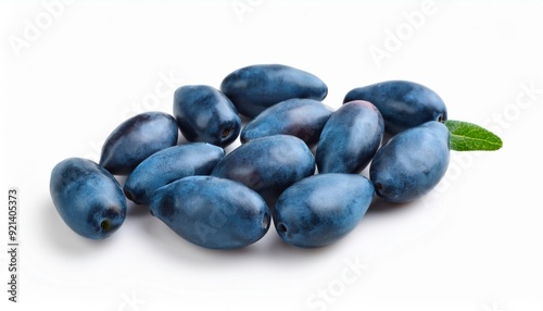 Honeysuckle Berries: A cluster of plump, vibrant blue honeysuckle berries, glistening with dew, lie scattered on a pristine white backdrop. A single green leaf adds a touch of nature's artistry.   photo