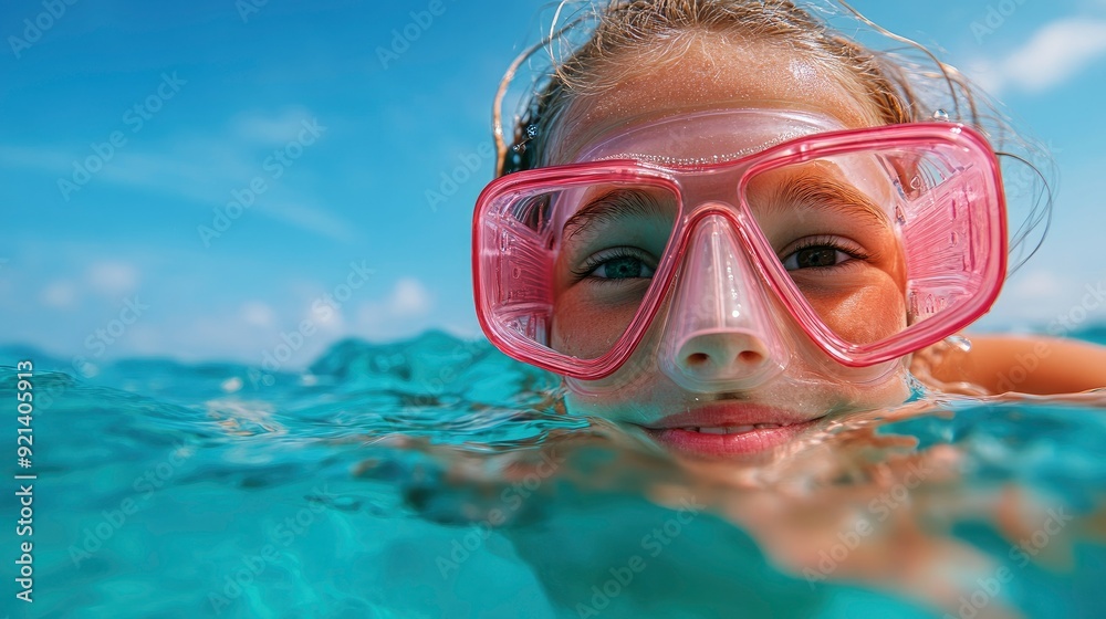 Naklejka premium Snorkel And Fins, Young Lady Explores The Oceans Wonders