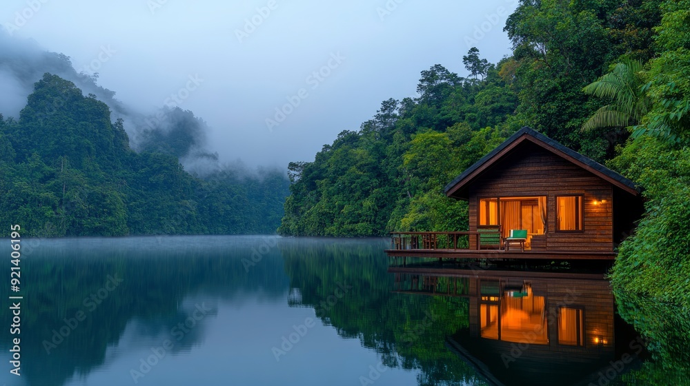 Sunrise Over Floating Bungalow In Khao Sok, Thailand, Serene Start Sunrise Over Floating Bungalow In Khao Sok, Thailand, Serene Start