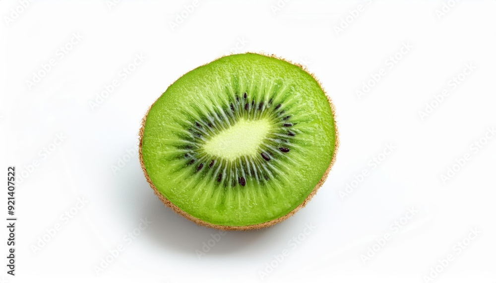Fresh Kiwi Slice: A vibrant, half-cut kiwi fruit showcases its enticing green flesh and intricate seed pattern against a crisp white background, inviting a taste of nature's sweetness. Fresh Kiwi Slice: A vibrant, half-cut kiwi fruit showcases its enticing green flesh and intricate seed pattern against a crisp white background, inviting a taste of nature's sweetness.