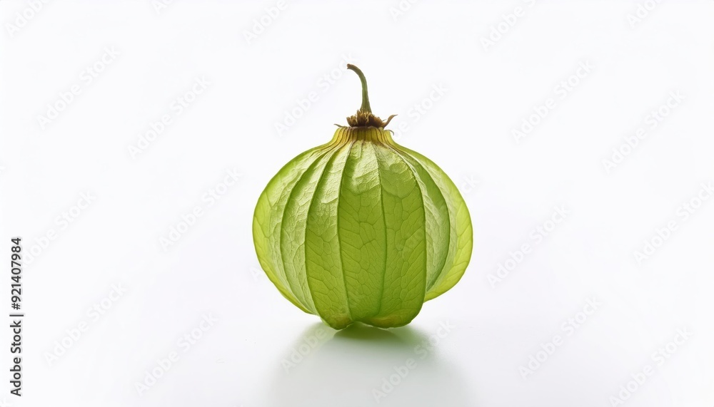 Gooseberry Close-Up: A single, ripe gooseberry, with its delicate green skin and intricate ribbed pattern, takes center stage against a clean white background. The image exudes a sense of freshness Gooseberry Close-Up: A single, ripe gooseberry, with its delicate green skin and intricate ribbed pattern, takes center stage against a clean white background. The image exudes a sense of freshness