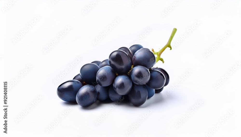 Fototapeta premium Black Grapes on White: A cluster of plump, dark purple grapes with a delicate green stem, isolated on a pristine white background. The image evokes freshness, sweetness, and a sense of pure indulgence