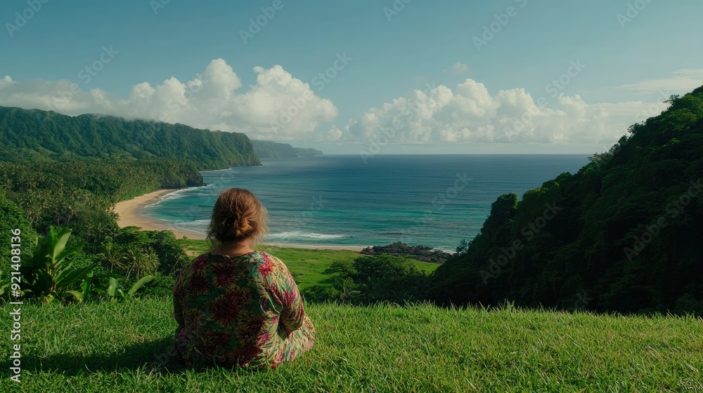 Fototapeta premium Woman At Kelingking Beach, Taking In The Breathtaking View