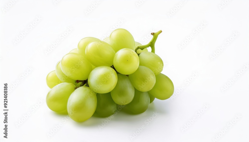 Green Grapes on White Background: A bunch of fresh, green grapes, perfectly illuminated against a crisp white background. The grapes are plump, juicy, and glistening, with a delicate green hue. The Green Grapes on White Background: A bunch of fresh, green grapes, perfectly illuminated against a crisp white background. The grapes are plump, juicy, and glistening, with a delicate green hue. The