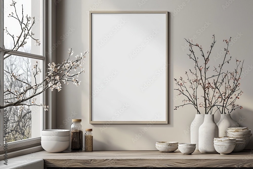 Fototapeta premium Minimalist Kitchen interior with Poster Mockup created with Generative AI