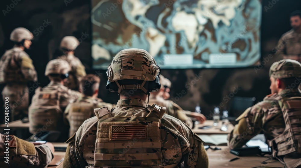 Troops gather for an important tactical briefing in a secure command center Troops gather for an important tactical briefing in a secure command center