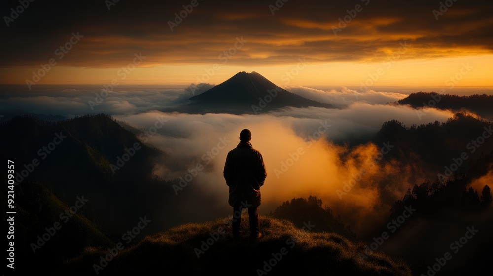 Man At Bromo Tengger Semeru, Java, Sunrises Golden Hues Man At Bromo Tengger Semeru, Java, Sunrises Golden Hues