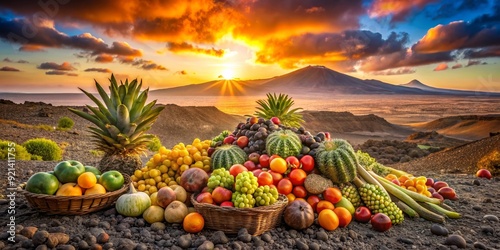 Golden hour harvest of succulent fruits and vegetables in a dramatic volcanic desert setting, succulent, fruits