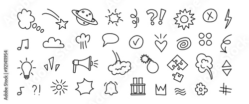 Doodle hand drawn icon, line comic school element, cute arrow scribble. Sketch clouds, stroke education sticker outline design, cartoon movement symbol set. Simple abstract vector illustration