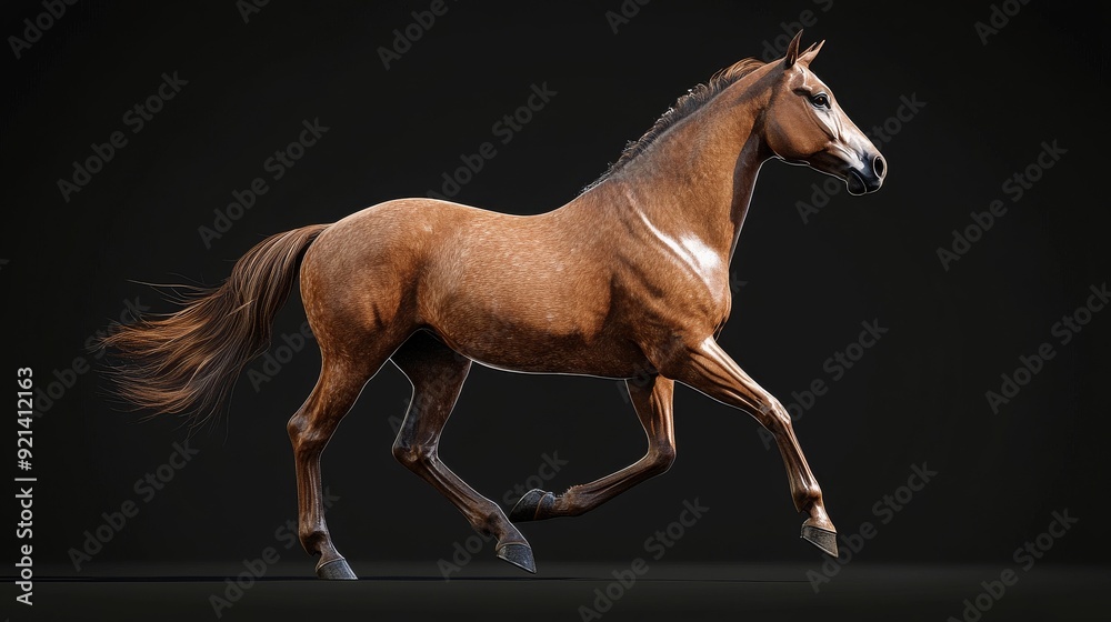 A brown horse with a flowing mane runs across a dark background, its legs extended in a blur of motion. A brown horse with a flowing mane runs across a dark background, its legs extended in a blur of motion.