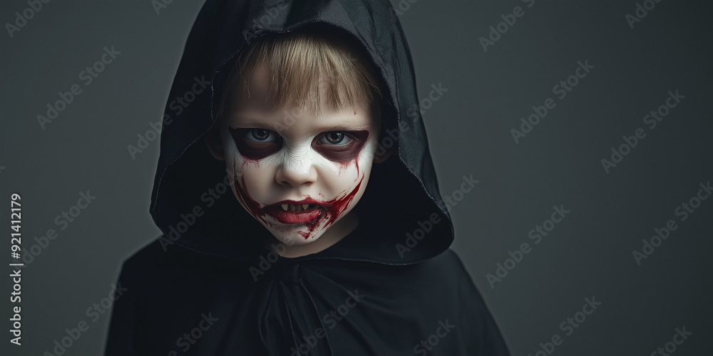 A creepy portrait of a child dressed as a vampire, wearing a black hood and scary makeup with blood, staring intently A creepy portrait of a child dressed as a vampire, wearing a black hood and scary makeup with blood, staring intently