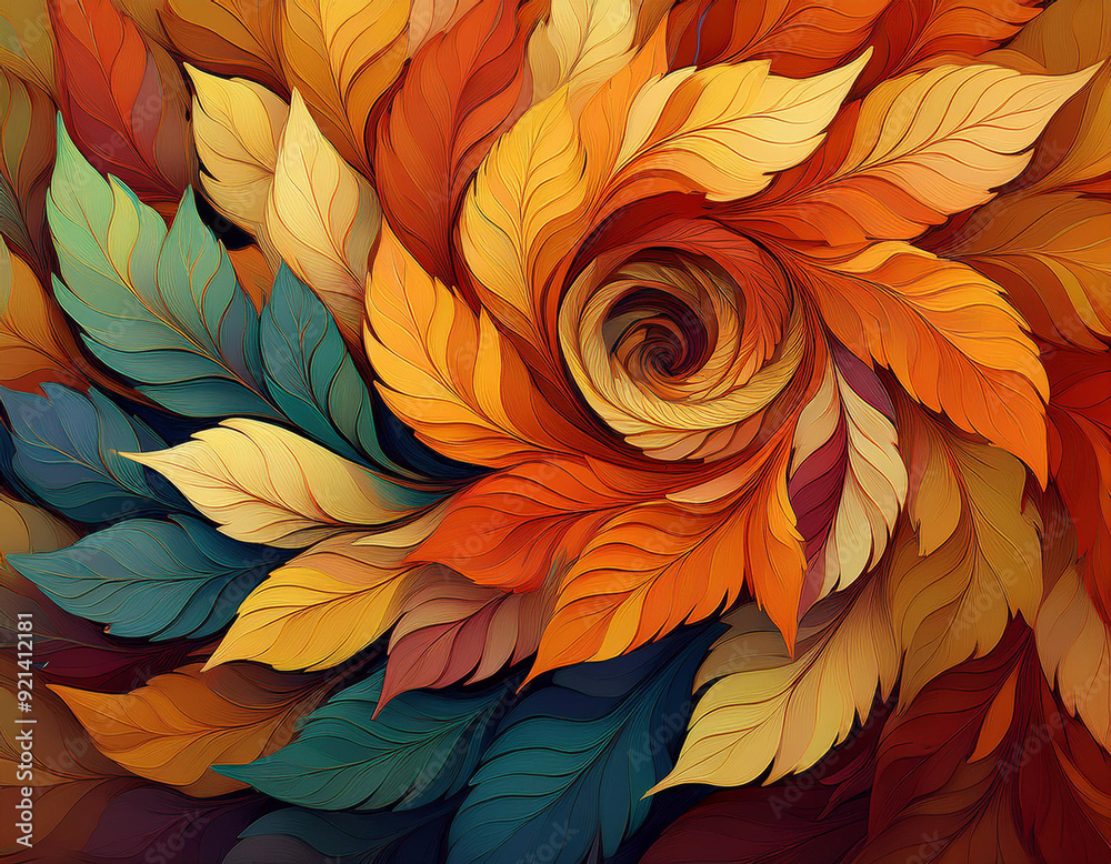 Abstract Spiral Pattern of Autumn Leaves Each Layer Showcasing a Different Fall Color Spectrum Abstract Spiral Pattern of Autumn Leaves Each Layer Showcasing a Different Fall Color Spectrum