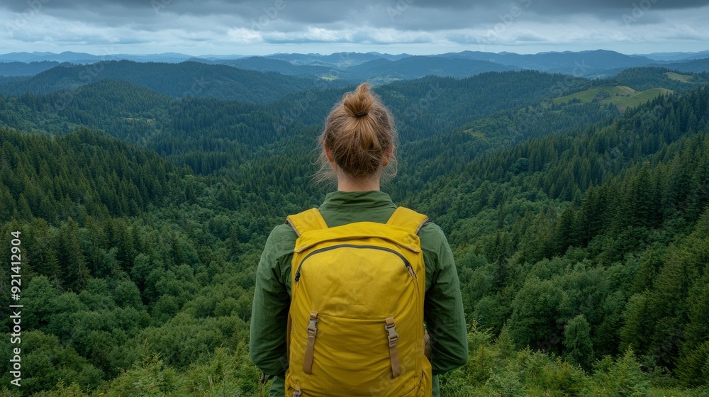 Female Hiker Admires View From High Viewpoint, Life’S Beauty Female Hiker Admires View From High Viewpoint, Life’S Beauty