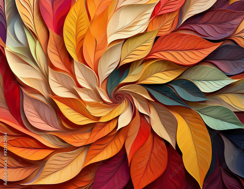 Abstract Spiral Pattern of Autumn Leaves Each Layer Showcasing a Different Fall Color Spectrum Abstract Spiral Pattern of Autumn Leaves Each Layer Showcasing a Different Fall Color Spectrum