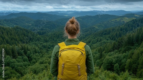 Female Hiker Admires View From High Viewpoint, Life’S Beauty