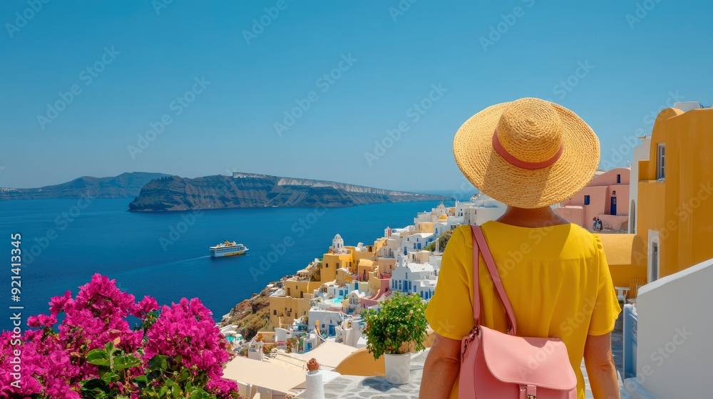 Obraz premium Follow Me, Woman Leads To Santorinis Breathtaking Views
