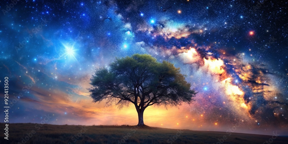 Magic tree under starry night sky with nebula and galaxies in background, magic, tree, night, stars, nebula, galaxies Magic tree under starry night sky with nebula and galaxies in background, magic, tree, night, stars, nebula, galaxies