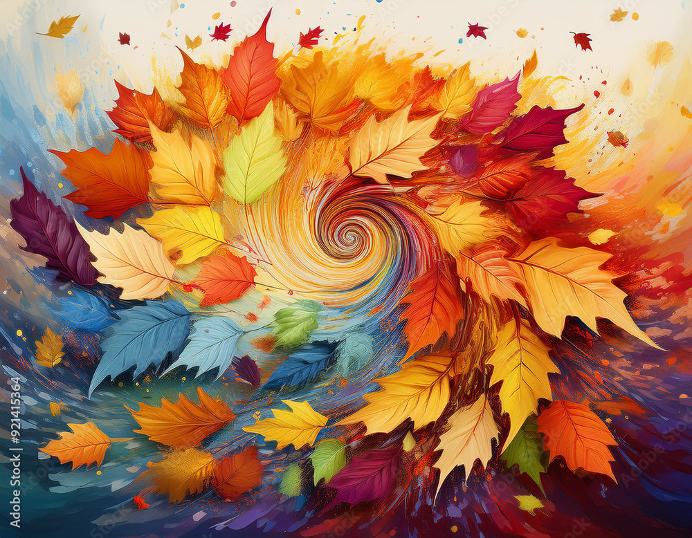 Abstract Spiral Pattern of Autumn Leaves Each Layer Showcasing a Different Fall Color Spectrum Abstract Spiral Pattern of Autumn Leaves Each Layer Showcasing a Different Fall Color Spectrum