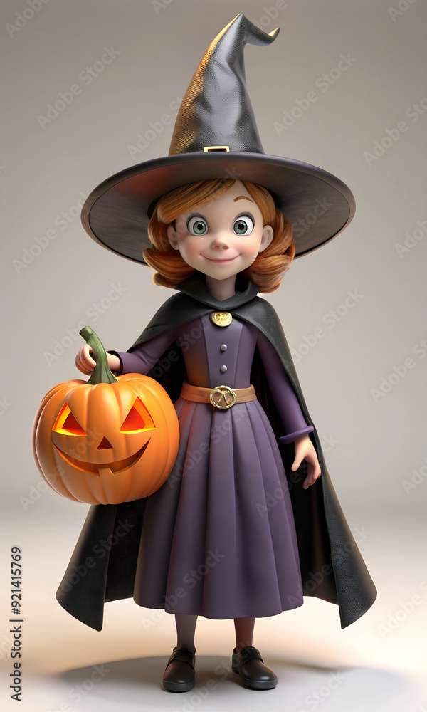 3d illustration Little girl in witch costume with pumpkin on gray background. With a pumpkin lantern in her hands. 3d illustration Little girl in witch costume with pumpkin on gray background. With a pumpkin lantern in her hands.