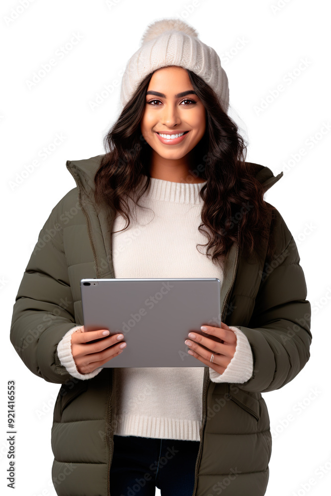 Cheerful Latin American woman dressed with stylish winter clothes and using digital tablet Cheerful Latin American woman dressed with stylish winter clothes and using digital tablet