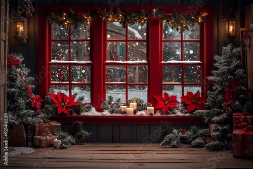 Cozy holiday window display with snow, candles, and festive decorations in a winter setting