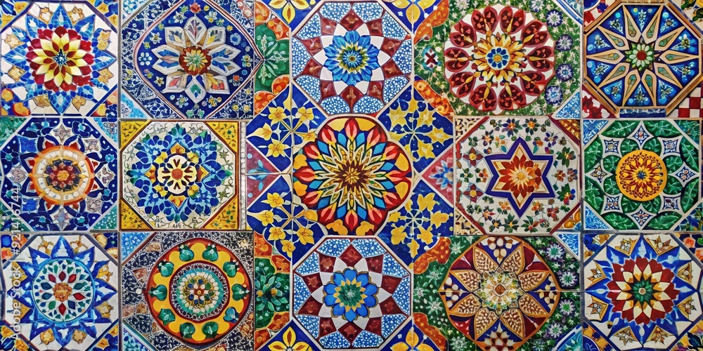 Vibrant and intricate mosaic tiles with colorful patterns, mosaic, abstract, tiles, colorful, intricate, pattern, design