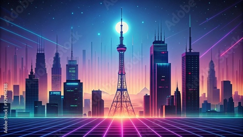 Futuristic cityscape with a digital radio tower in a retro style, metropolis, future, cityscape, technology, digital