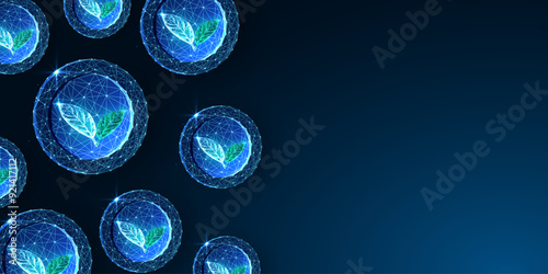 Green investment futuristic banner features coins, green leaves on dark blue background. 