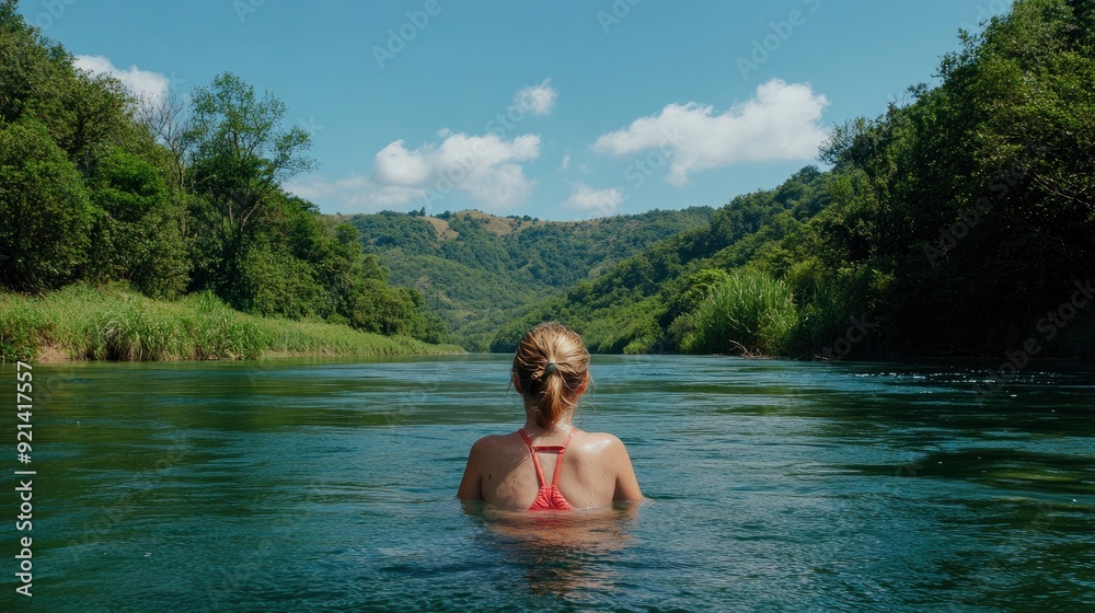 Fototapeta premium Bikini-Clad Woman Enjoys River Day, Freedom In Nature