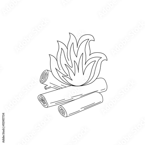 Campfire with flame on stack of firewood hand drawn doodle illustration, pile of logs outline clipart for design purposes of forestry, camping, wildlife, outdoor hiking activities, summer adventure