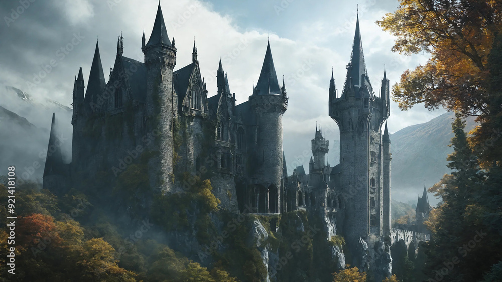 Gothic-style castle with an airy view, mysterious nature, 16:9 widescreen, 300 dpi, with space for text Gothic-style castle with an airy view, mysterious nature, 16:9 widescreen, 300 dpi, with space for text