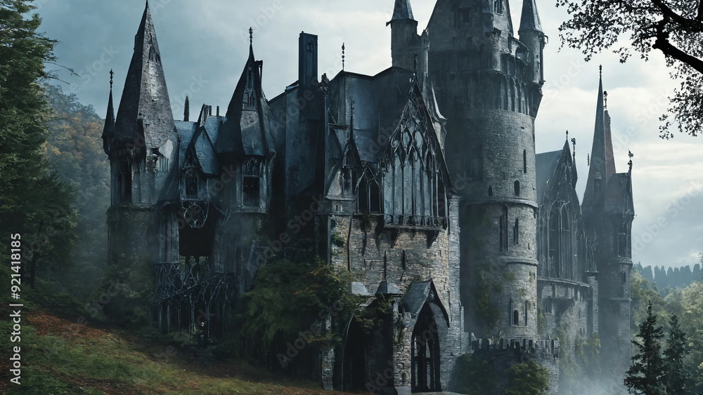 Obraz premium Gothic-style castle with an airy view, mysterious nature, 16:9 widescreen, 300 dpi, with space for text