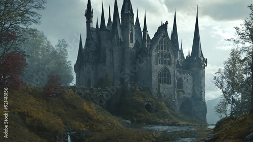 Gothic-style castle with an airy view, mysterious nature, 16:9 widescreen, 300 dpi, with space for text