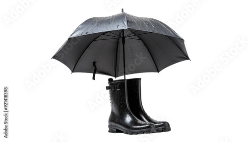 Black umbrella and rain boots with water droplets, isolated on transparent background. Perfect for seasonal themes and fashion-related content.