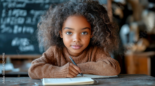 African American girl around 7 years old with curly hair, wearing a brown sweater, focused while writing in a notebook in a classroom setting.

