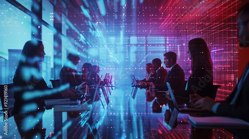 Group of business people working with technology at a meeting in a conference room.